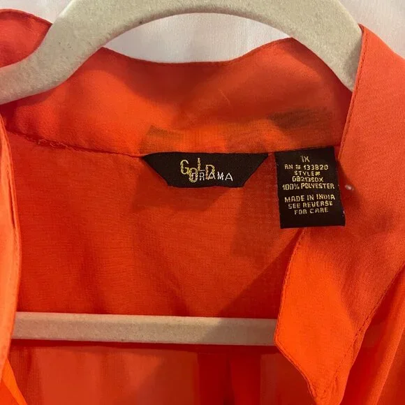 Gold Drama. Women's orange transparent blouse with three-quarter sleeves.Size1X. - Picture 6 of 8
